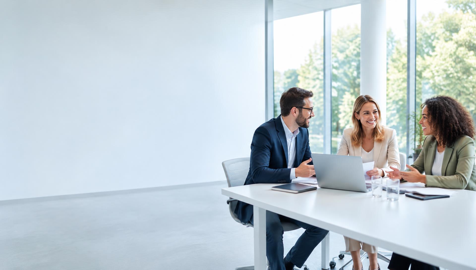 Business professionals collaborating in a bright European office